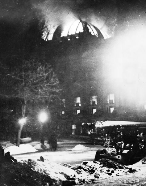 The Reichstag burns in February 1933. This convenient event gave Hitler the excuse to strangle democracy in Germany.