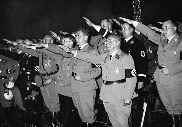 Nazi Party Day in 1937. The figure on the extreme right is Martin Bormann, who at the time was a Gauleiter.