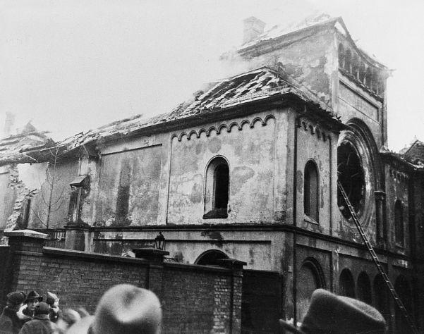 A destroyed synagogue following Crystal Night, the anti-Jewish pogrom organized by Reinhard Heydrich.