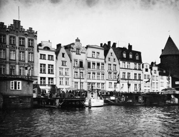 The waterfront in Danzig, The Free City that Hitler wanted back. Note the Nazi flags; there were many Nazis in the city.