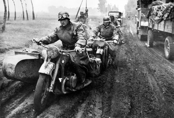 German motorized infantry tackle one of Poland's dirt roads during the Blitzkrieg (Lightning War) campaign.