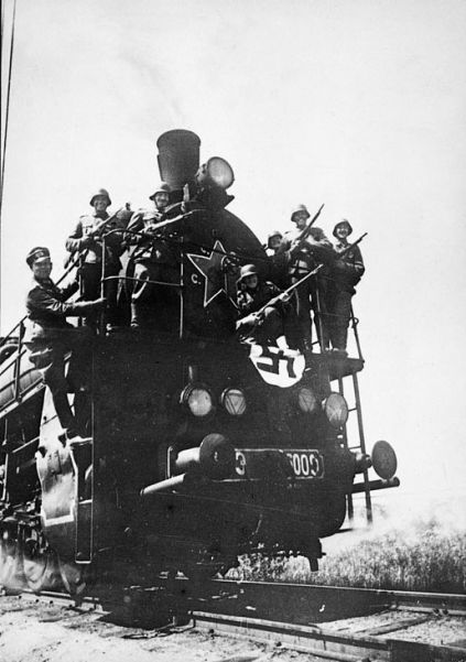 Triumphant German troops aboard a Soviet train