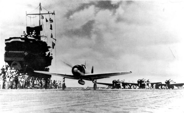 Japanese Zero fighters take off from the carrier Akagi to escort bombers bound for Pearl Habor