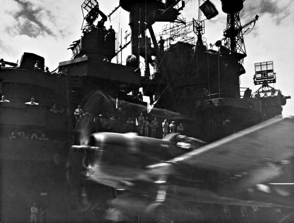 An American Hellcat takes off from the carier USS Essex during Admiral Frederick Sherman's attack on Rabaul