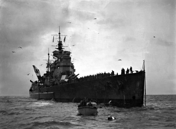 The British batleship HMS Duke of York, photographed after participating in the sinking of the Scharnhorst