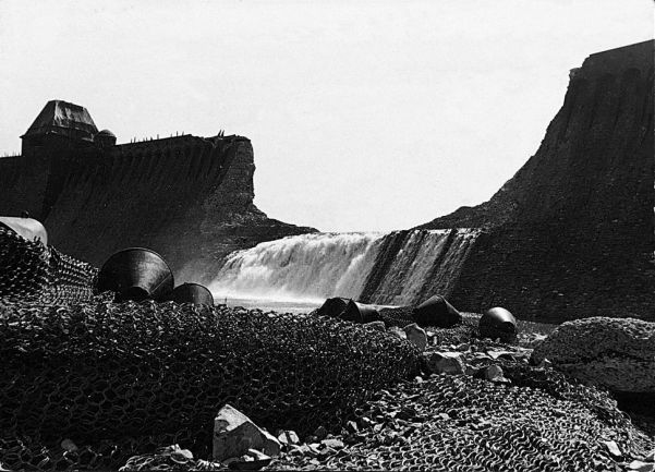 Water gushes from the damaged Möhne dam following the successful raid by the British Air Force