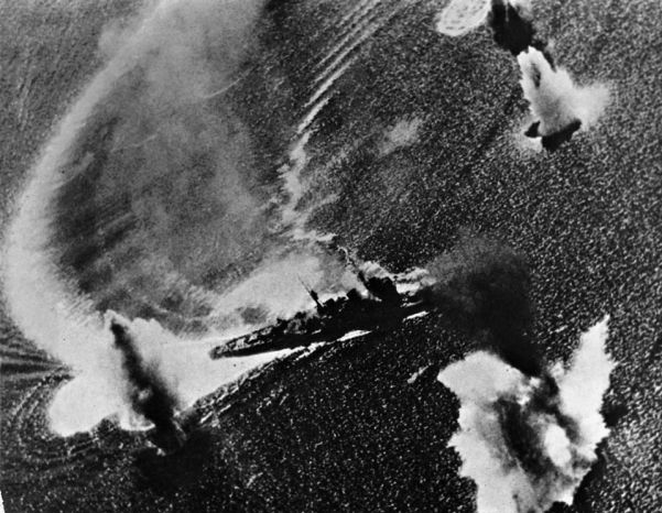 A Japanese ship under American air attack during the Battle of the Philippine Sea, which fatally wrecked Japanese naval air strength in the Pacific