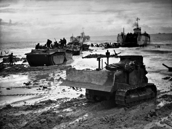Landing craft and vehicles of the Canadian First Army engaged in clearing the Scheldt estuary near Antwerp