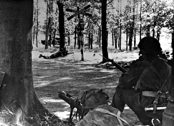 A PIAT antitank weapon waits for enemy armor on the outskirts of Arnhem as the Germans close in on the British