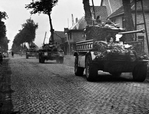 Reconnaissance vehicles of the British Guards Armoured Division in Belgium during the Allied advance on Brussels